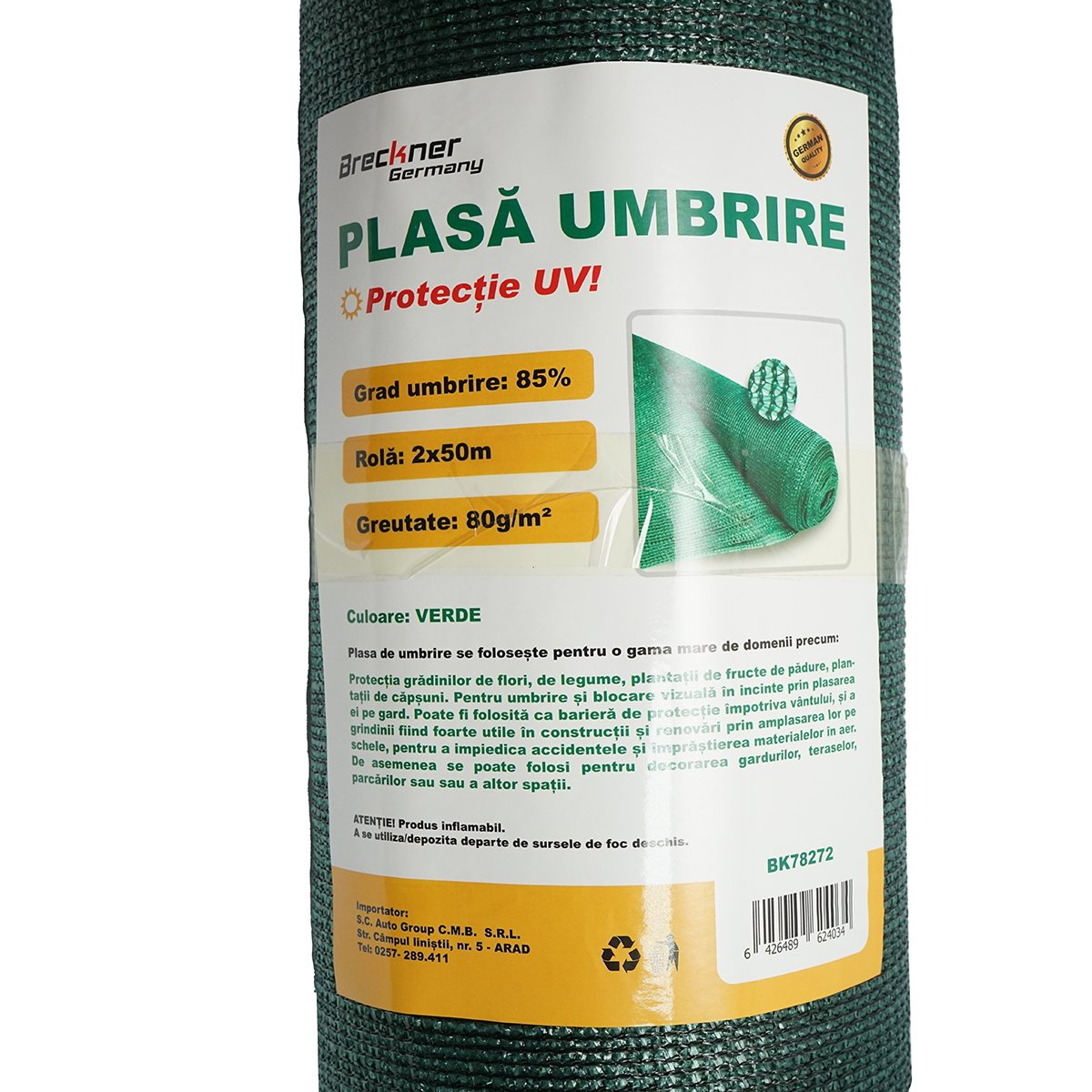 Plasa umbrire Verde 85% 2m x 50m, polietilena, protectie UV, 80 gr/mp, pentru umbrire si protectie culturi agricole, mascare gard